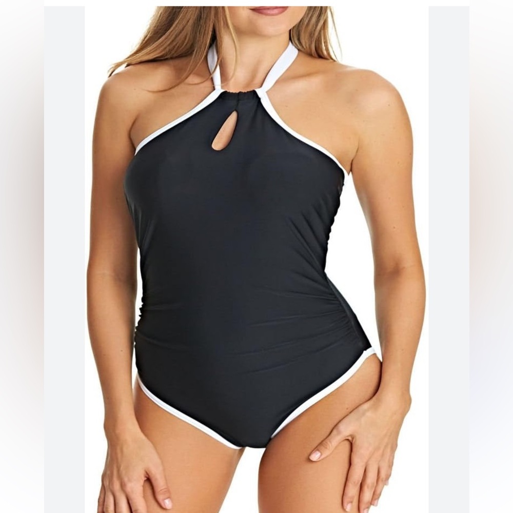 Freya Black & White One Piece Swimsuit 38G High Neck Supportive